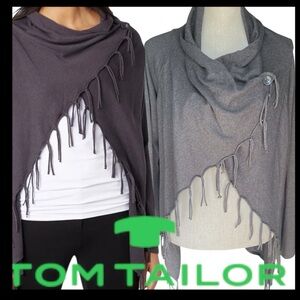 Tom Tailor Grey Cotton Blend Fringe Crossover Wrap Long Sleeve Cardigan (M/L)